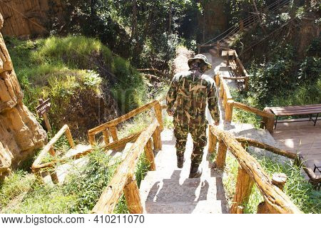 Forestry Officer Bring Thai People And Foreign Traveler Walking In Forest Visit Pha Chor Canyon Clif