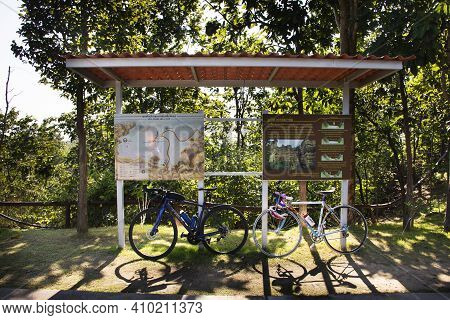 Thai Biker People Biking And Stop Bicycle At Information Station For Rest Looking Detail Of Pha Chor