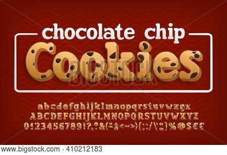 Chocolate Chip Cookies Alphabet Font. Cartoon Letters, Numbers And Punctuation. Uppercase And Lowerc