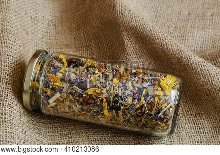Herbal And Alternative Medicine Concept. Drinks Based On Medicinal Herbs And Flowers.  Dried Flower 