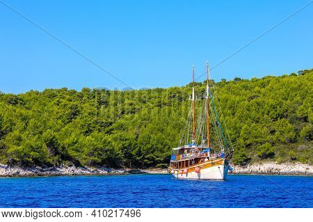 Scedro Island, Croatia - October 3, 2011: Vie Of A Boat With Scedro Island In The Background