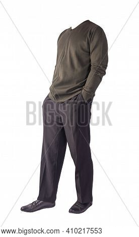 Mens Dark Green Knitten Bomber Jacket , Black Pants And Black Leather Shoes Isolated On White Backgr