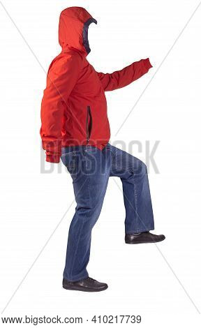 Dark Blue Jeans, Black Leather Shoes, Red Jacket With A Hood Isolated On White Background. Casual St