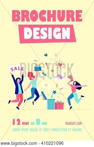 Customers Celebrating Sale. People Holding Gift, Credit Card, Loudspeaker, Dancing, Having Fun. Vect