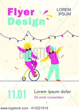 Happy Clowns Standing On Circus Arena Flat Vector Illustration. Cartoon Joker Characters Performing 