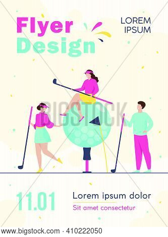 Happy People Playing Golf With Brassies And Ball On Lawn, Enjoying Their Hobby, Having Fun. Vector I