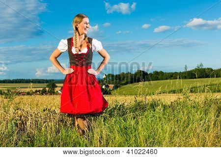 Unge bayerske kvinde på engen iført dirndl og smilende