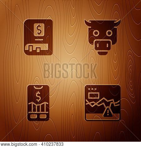Set Failure Stocks Market, Financial Book, Mobile Trading And Bull On Wooden Background. Vector