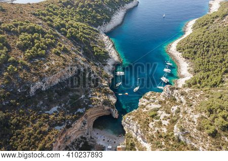 Aerial Drone Shot Of Stiniva Cove Beach Of Adriatic Sea On Vis Island In Croatia Summer
