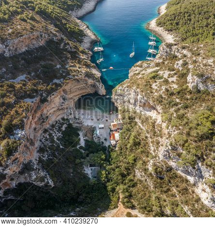 Aerial Drone Shot Of Stiniva Cove Beach Of Adriatic Sea On Vis Island In Croatia Summer
