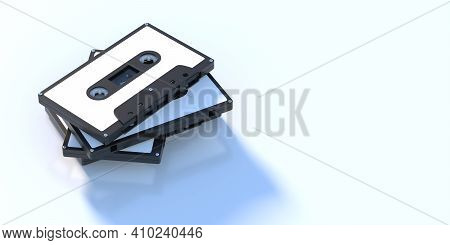 Vintage Audio Cassette Tapes With Blank Sticker Labels Isolated On White Background, Copy Space. Ret