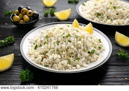 Greek Feta Cheese Rice With Lemon Zest And Herbs