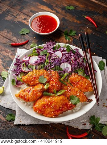 Korean Fried Chicken With Red Cabbage Salad And White Rice. Asian Food