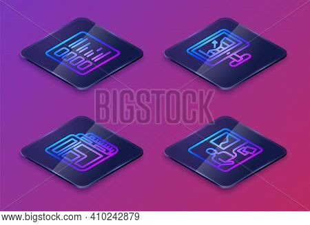 Set Isometric Line Business Finance Report, Stock Market News, Computer With Growth Graph And Tradin