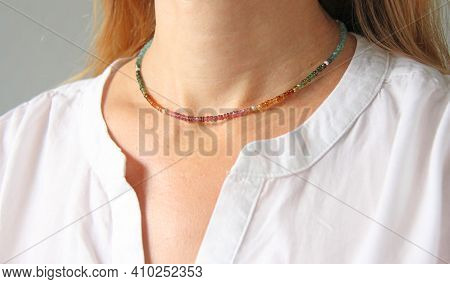 Multicolored Tourmaline Necklace. A Short Necklace On A Girl Made Of Natural Multicolored Tourmaline