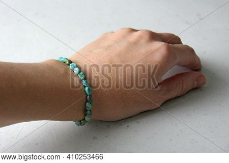 Chrysocolla Bracelet. Bracelet Made Of Stones On Hand From Natural Stone Chrysocolla. Bracelet Made