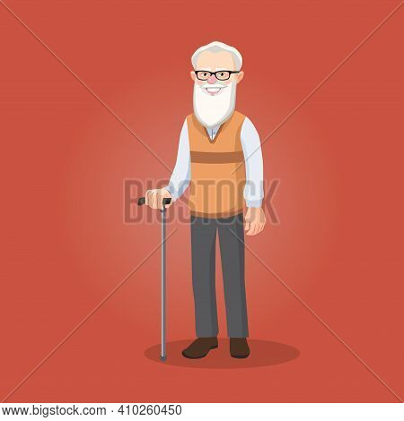 Bearded Old Man, Grandfather In Glasses With A Stick