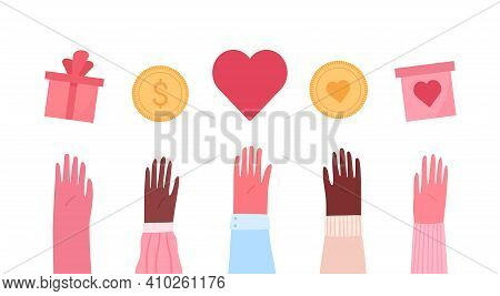 Concept Of Charity And Donation. People Give And Share Love, Money, Boxes, Food, Medicines. Flat Car