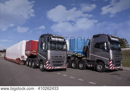 A Truck With A Special Semi-trailer For Transporting Oversized Loads. Oversize Load Or Exceptional C