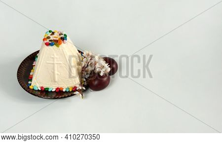 Easter Composition. Eggs, Apricot Flowers And Orthodox Easter Cottage Cheese Dessert In The Form Of 