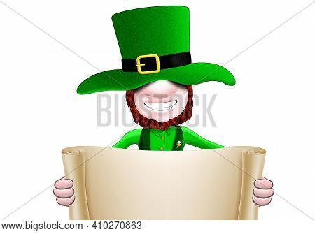 Saint Patrick Is Holding A White Sheet With Space For Advertising In Detail. St.patrick 's Day