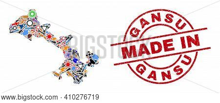 Component Gansu Province Map Mosaic And Made In Scratched Rubber Stamp. Gansu Province Map Collage F