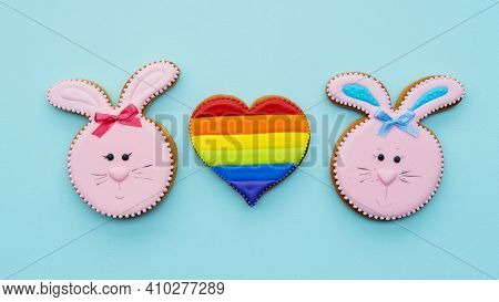 Lgbt Pride. Gay Love. Individuality Freedom. Bakery Food Ornament. Pink Gingerbread Happy Rabbit Cou