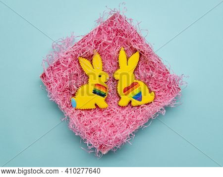 Lgbt Gift. Handmade Ornament. Food Craft. Yellow Sweet Gingerbread Easter Bunny Couple Cookie Set Wi