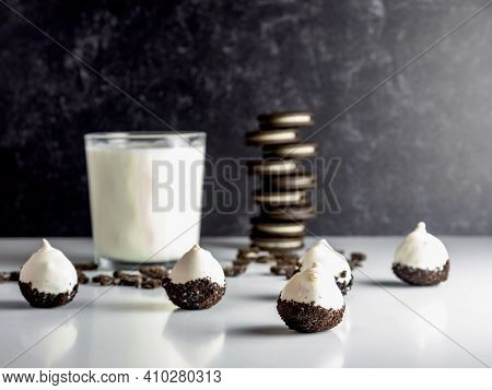 Cookies & Cream Cake Balls, Truffle Like Dessert With A Fresh Glass Of Cold Milk, A Silver Spoon, Ch