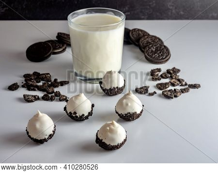 Cookies & Cream Cake Balls, Truffle Like Dessert With A Fresh Glass Of Cold Milk, A Silver Spoon, Ch