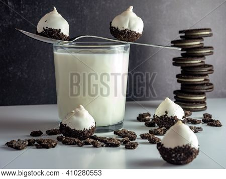 Cookies & Cream Cake Balls, Truffle Like Dessert With A Fresh Glass Of Cold Milk, A Silver Spoon, Ch