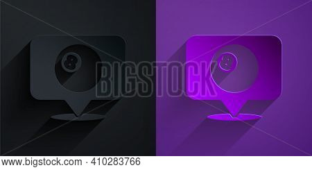 Paper Cut Map Pointer With Billiard Pool Snooker Ball With Number 8 Icon Isolated On Black On Purple