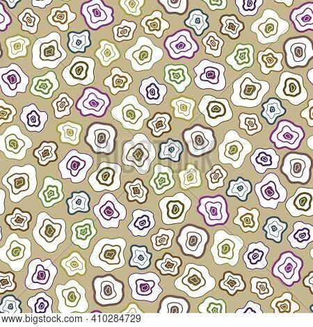 Seamless Abstract Pattern Of Exotic Flowers And Leaves. Drawn Color Line With White Dot Pattern On B