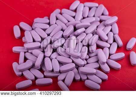 A Lot Of Pink Medicine Pills. Space For Text. Medicine Creative Concepts. Minimal Style With Colorfu