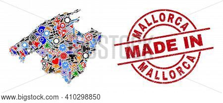 Science Mallorca Map Mosaic And Made In Grunge Stamp Seal. Mallorca Map Mosaic Designed With Wrenche
