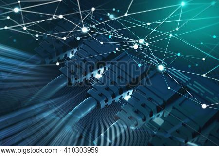 Network Cables Connected To Switch Hub. Global Internet And Data Security Concept. Double Exposure W