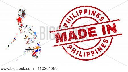 Education Philippines Map Mosaic And Made In Distress Rubber Stamp. Philippines Map Abstraction Form