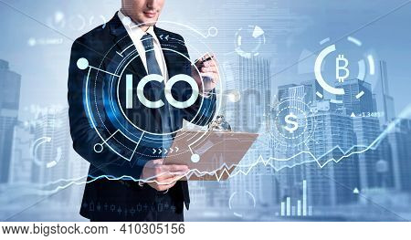 Businessman In Suit Holding Clipboard To Check Ico Report And Cryptocurrency Market Behaviour Based 