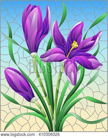 Illustration In Stained Glass Style With Purple Hyacinth Flowers On A Blue Background, Rectangular I
