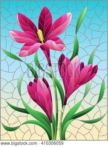 Illustration In Stained Glass Style With Pink Hyacinth Flowers On A Blue Background, Rectangular Ima