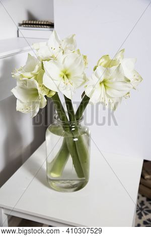 Bouquet Of White Lilies In A Tall Glass Vase On A Beige Table Against A Gray Wall. Copy Space. Fresh