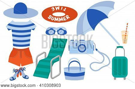 Summer Items Set, Accessories: Sunglasses, Parasol, Lifebuoy, Cold Drinks, Beach Chair