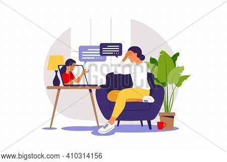 Online Therapy And Counselling Under Stress And Depression. Young Woman Psychotherapist Supports Fem