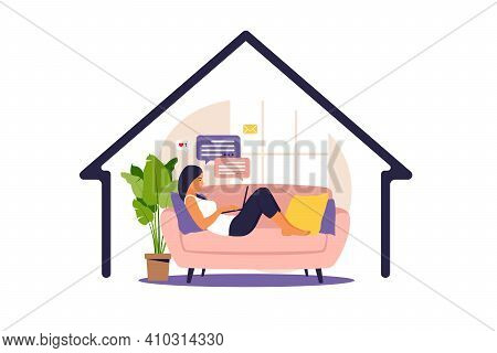 Home Office Concept, Woman Working From Home Lying Down On A Sofa, Student Or Freelancer. Vector Ill