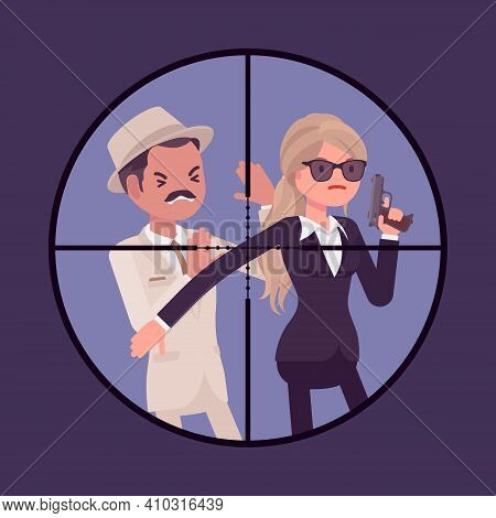 Bodyguard Woman Protecting Important Famous Man In Optical Sniper Sight. Security, Focus Aiming To V