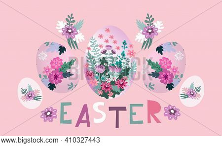 Happy Easter  Greeting Card, Banner, Poster  With Nand Drawn Lettering., Easter Eggs, Spring Meadow 