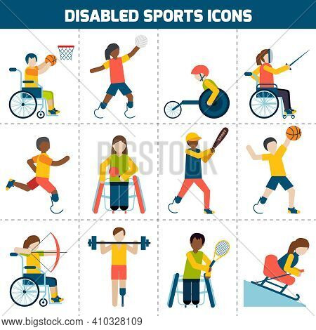 Disabled Sports Design Concept With Handicapped People Playing Football Fencing Cycling Icons Set Is