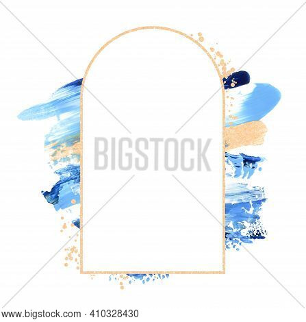 Hand Drawn Blue And Golden Brushstroke Swash With White, Golden Arch Border And Copy Space. Paint Sw