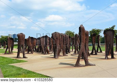 CHICAGO, ILLINOIS - SEPTEMBER 5, 2016: Agora by Magdalena Abakanowicz. In the south end of Grant Park, Chicago, stand 106 headless figures.