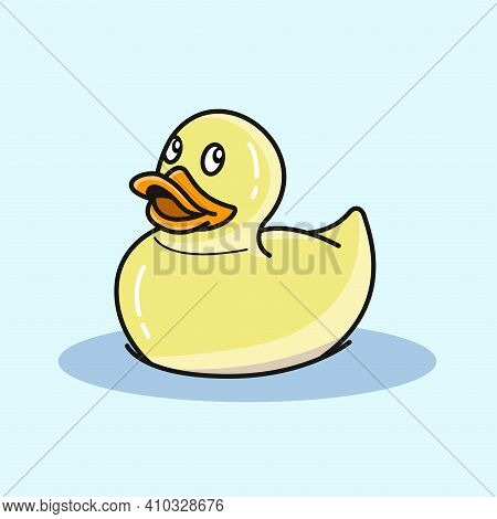 Cute Yellow Rubber Duck On Blue Background, Vector Illustration